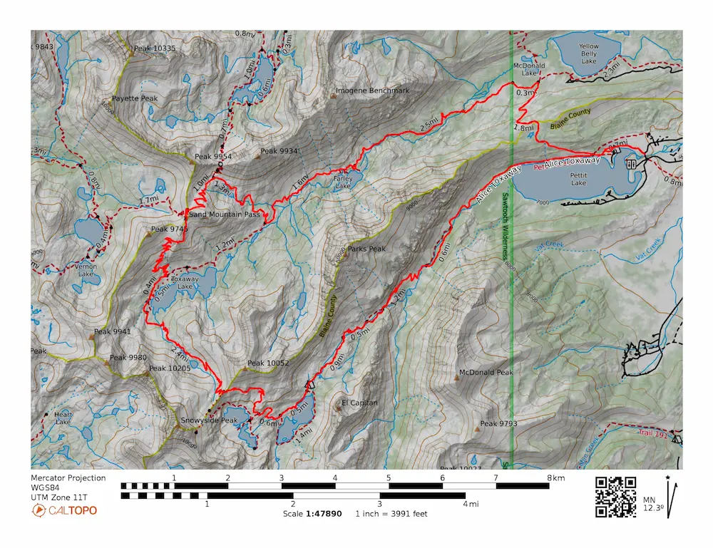 Map of Alice Toxaway Loop Sawtooths
