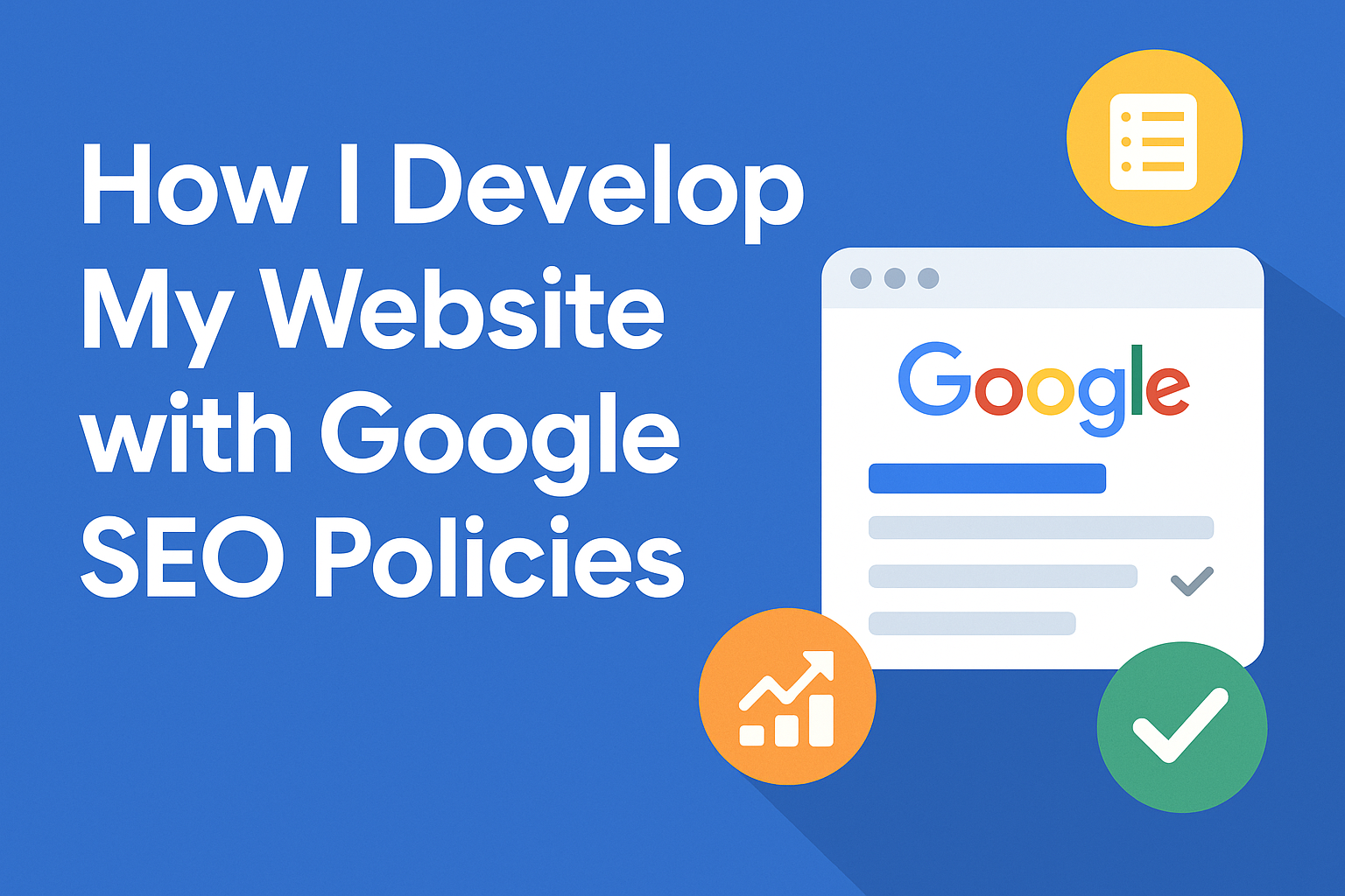 How I Develop My Website with Google SEO Policies" with a browser mockup and icons for checklist, chart, and checkmark on a blue background.