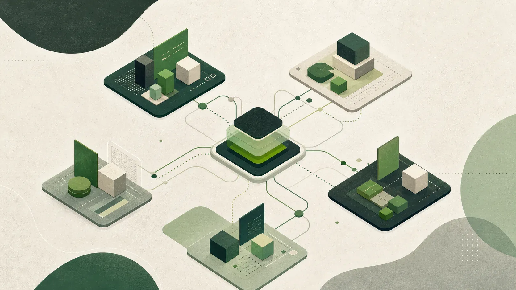 Abstract illustration of coordinated AI work cells connected around a shared operating system.