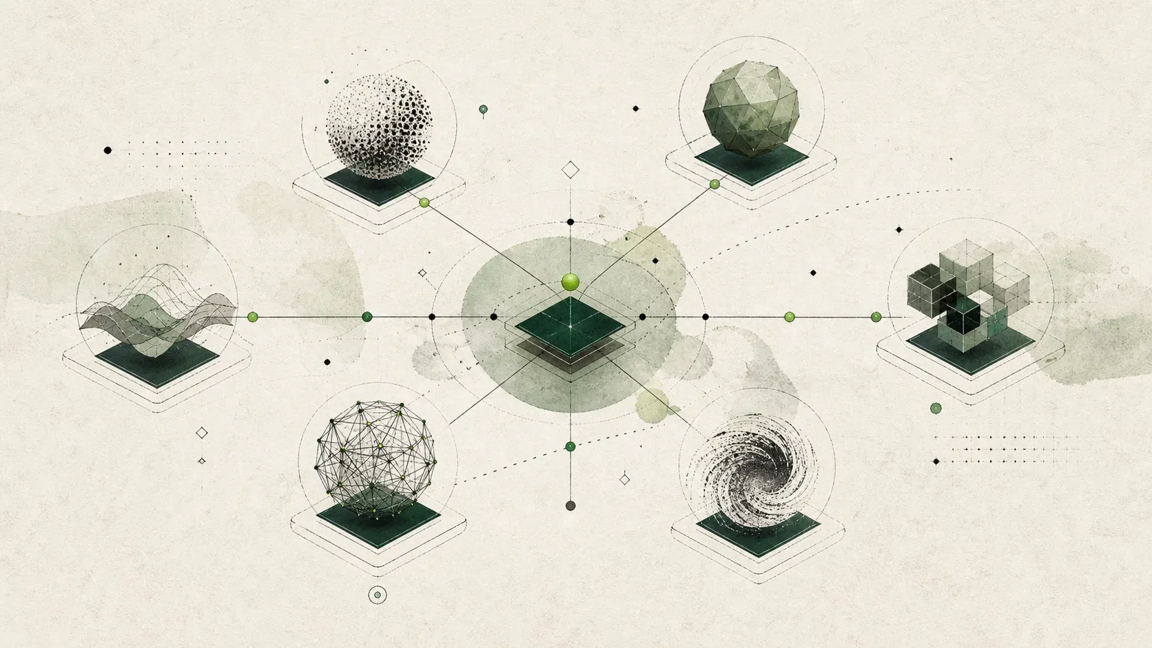 Abstract illustration of distinct AI agents coordinating through a shared task network.