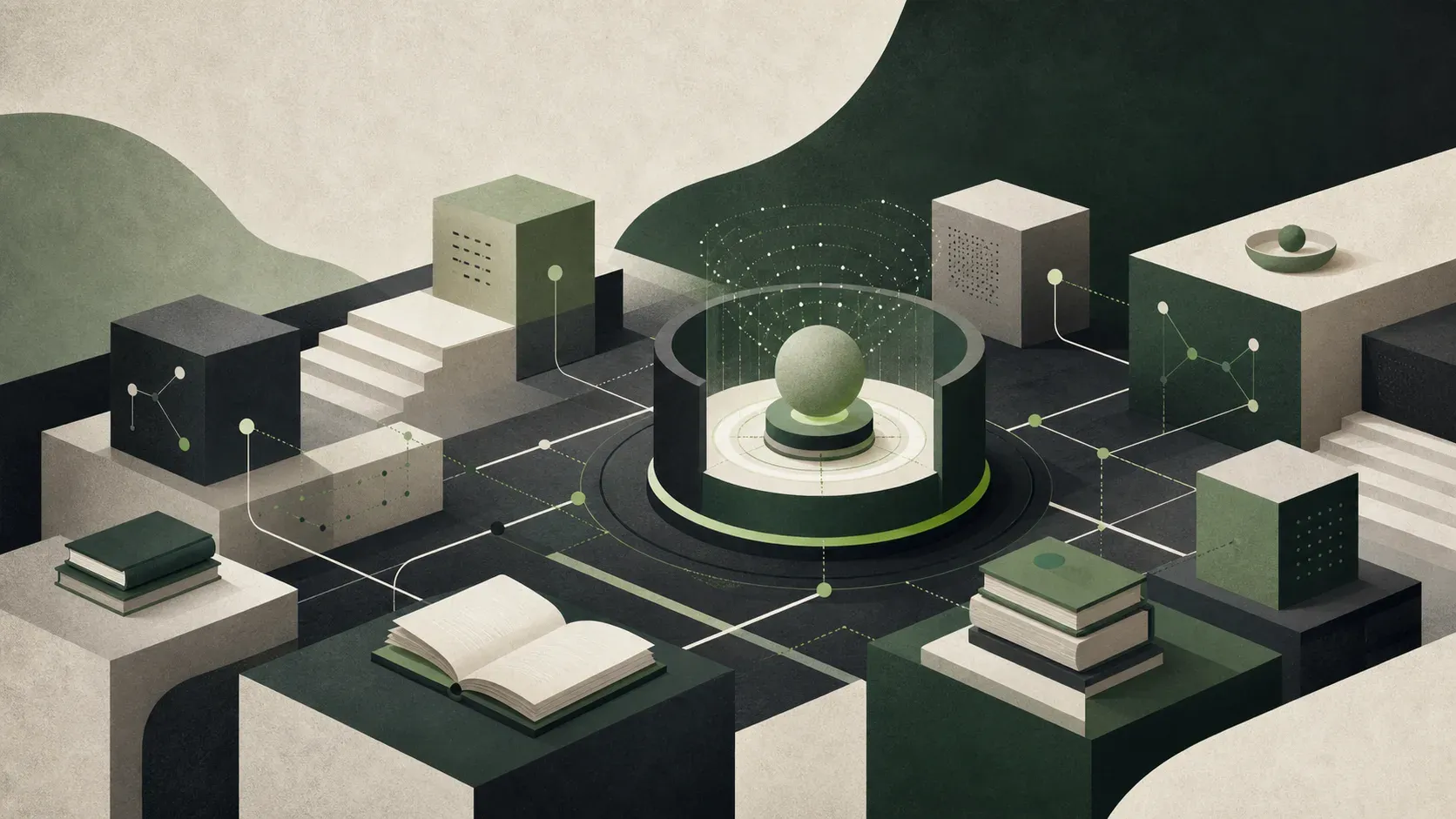 Abstract illustration of a connected learning environment with knowledge blocks and adaptive pathways.