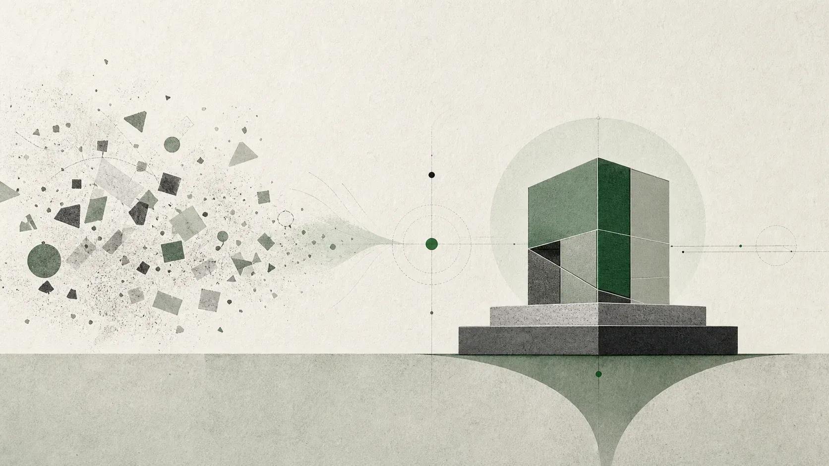 Abstract illustration of raw AI fragments becoming a stable product structure.