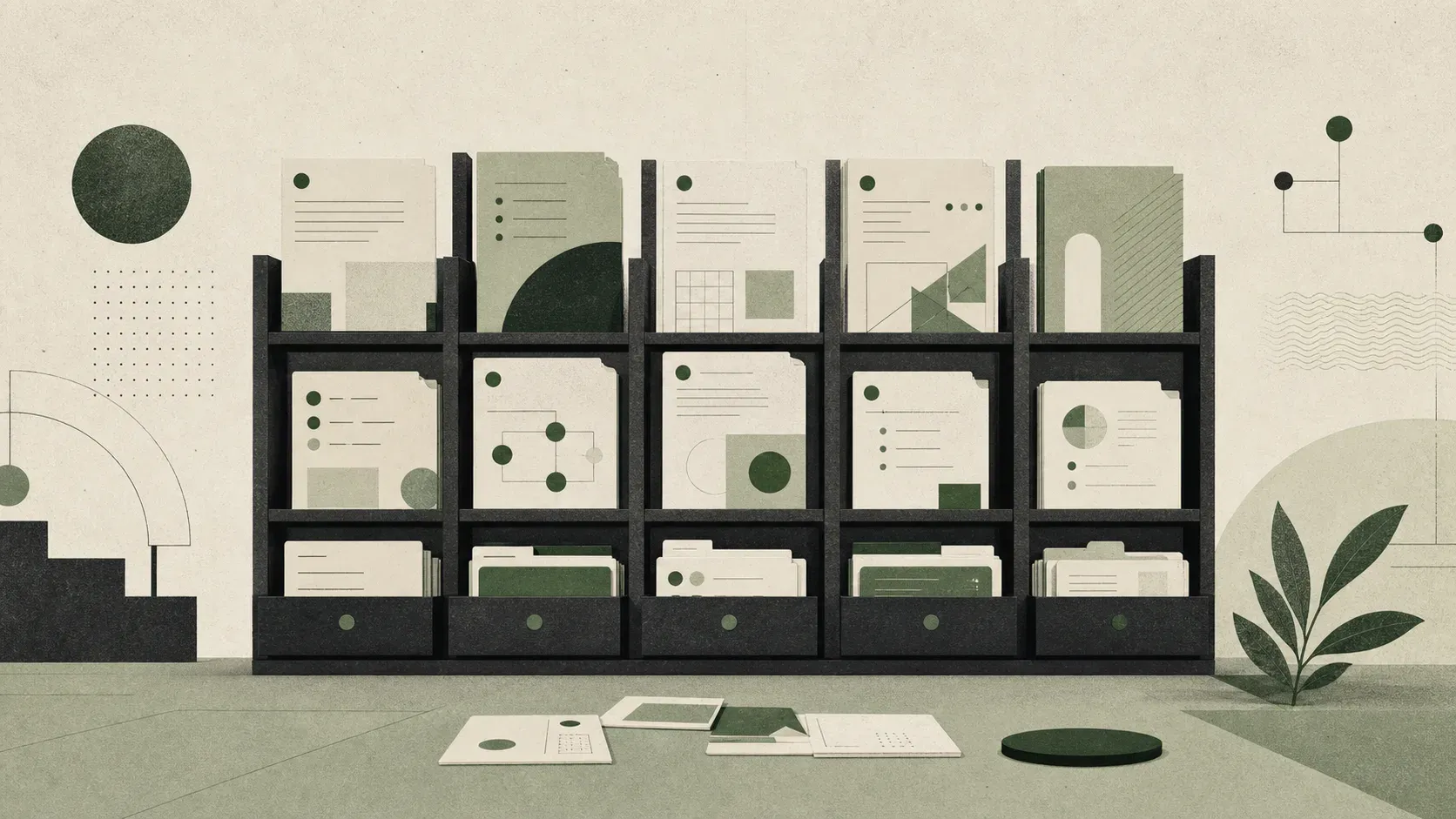 Abstract illustration of an organized library of reusable article and blog workflow modules.