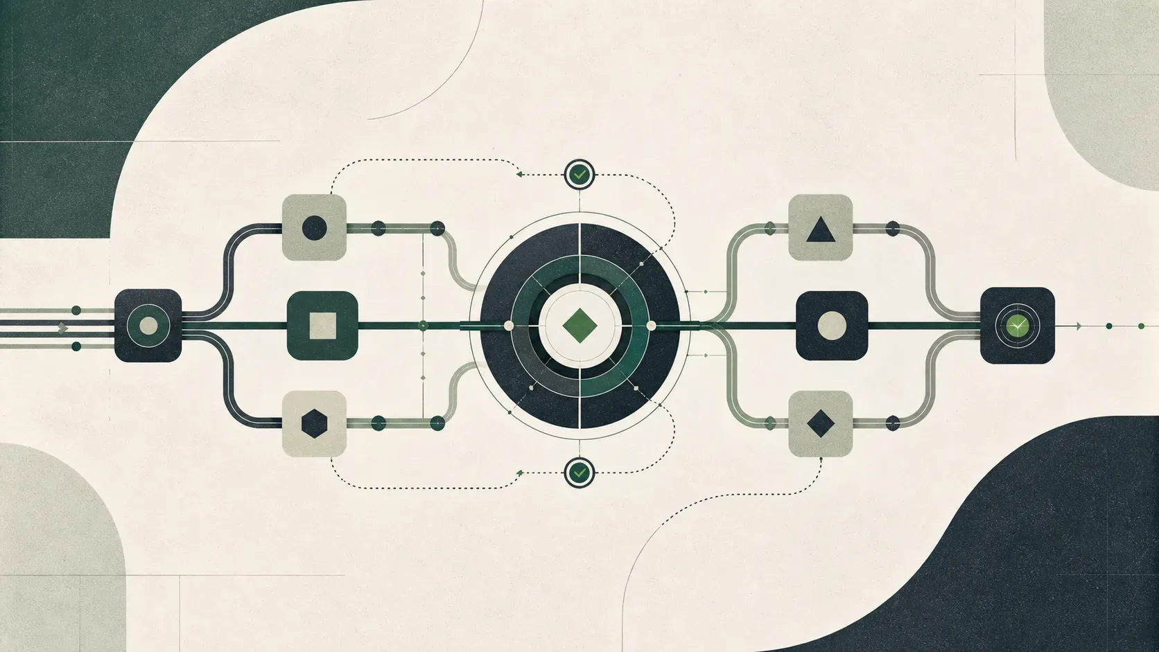 Abstract illustration of a durable AI workflow with checkpoints and stable control paths.