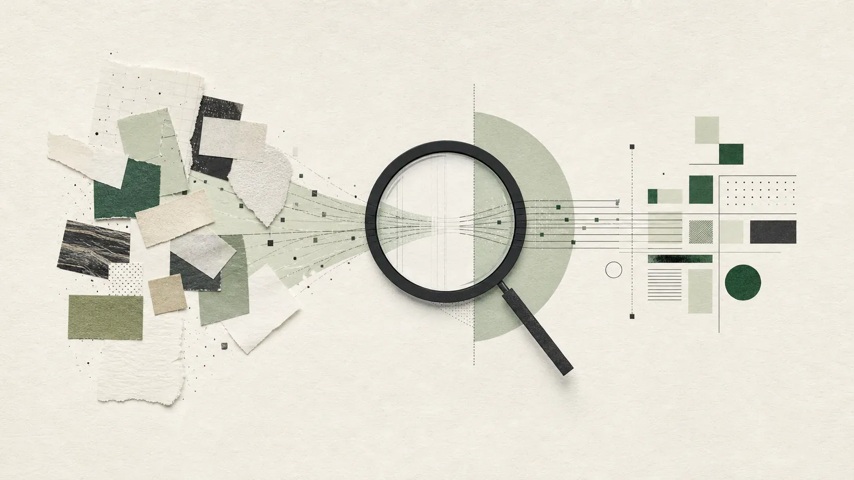Abstract illustration of diverse text fragments passing through an analytical lens into structure.