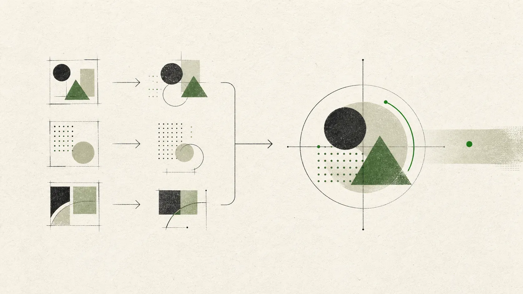 Abstract illustration of a small set of examples guiding a model toward an outcome.