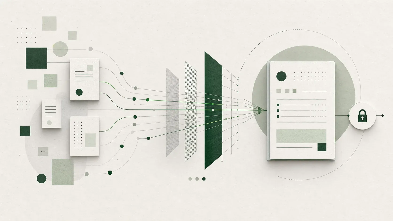 Abstract illustration of secure healthcare information moving into a structured record.