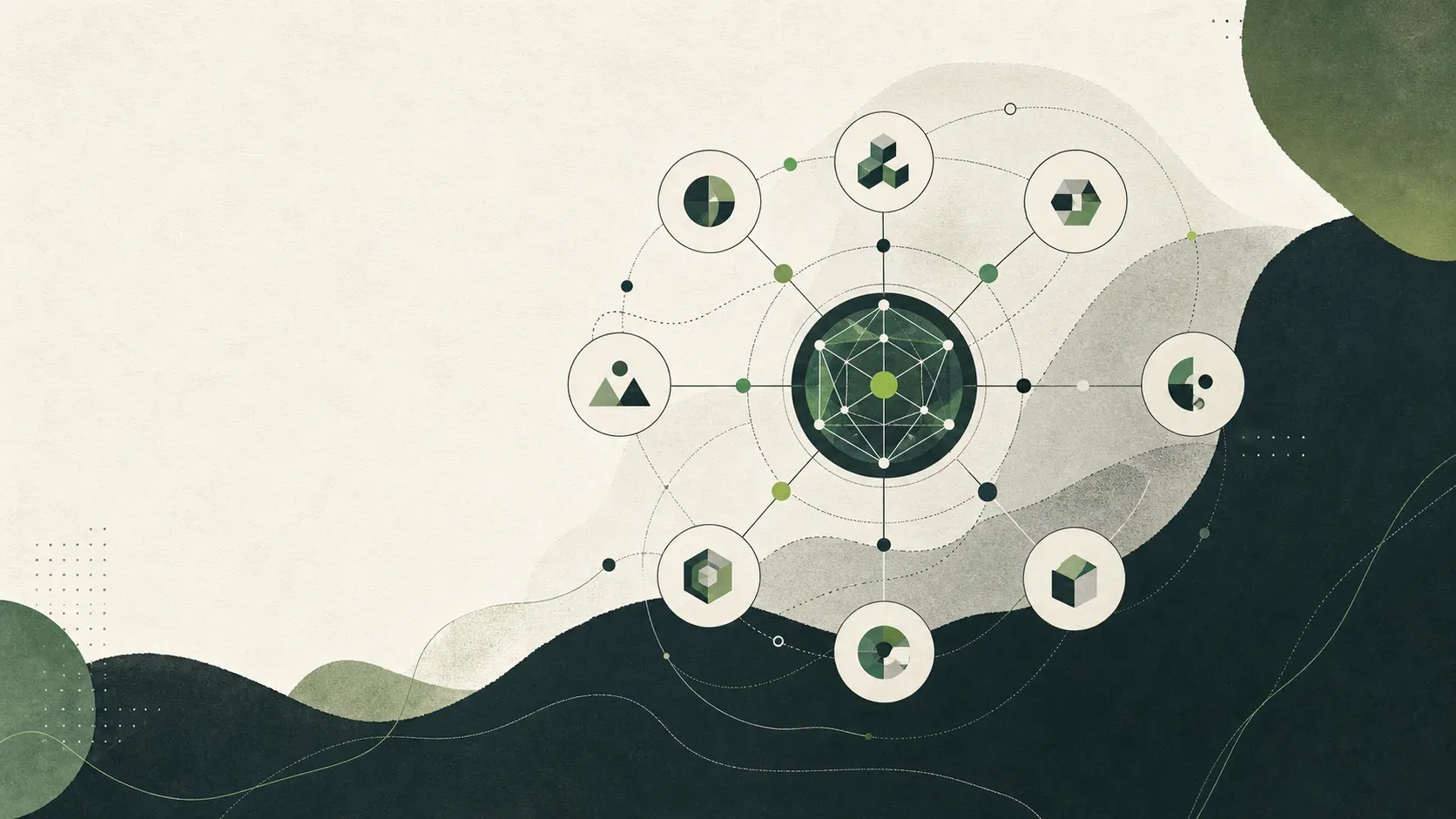 Abstract illustration of interconnected AI agents coordinating through a central network.