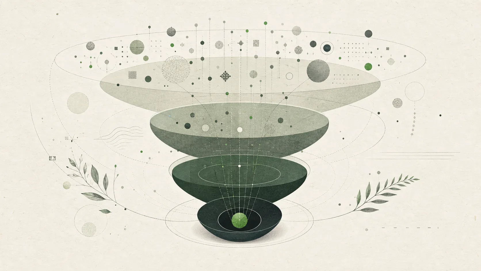 Abstract illustration of layered information ecosystems concentrating into valuable customer insight.