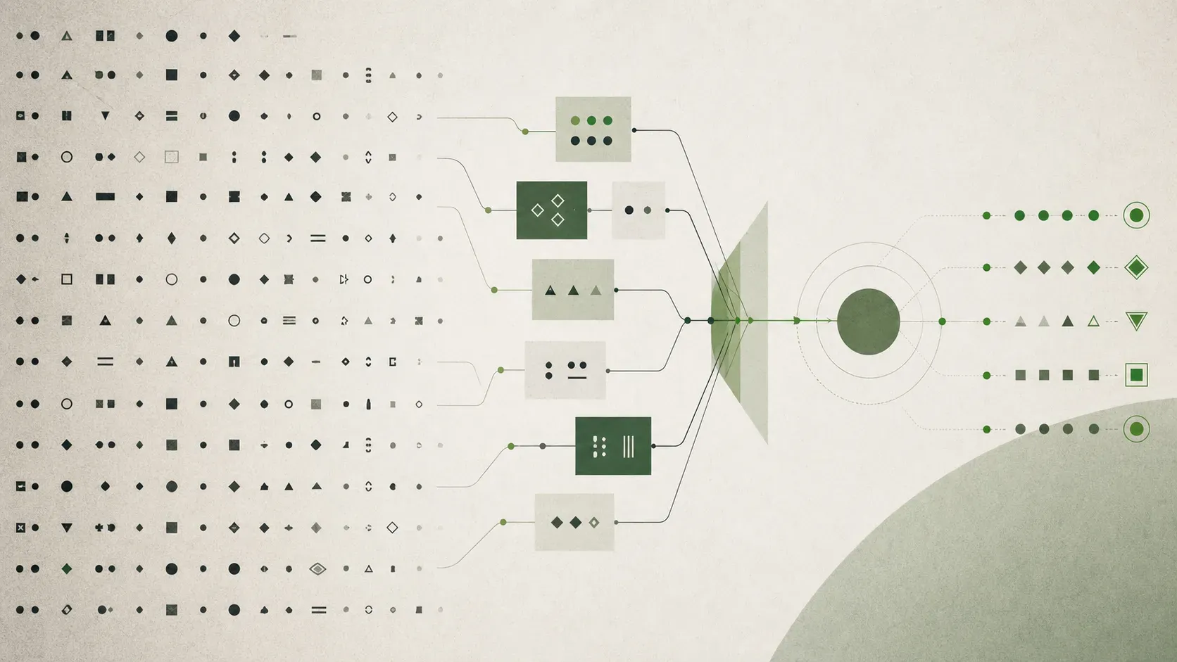 Abstract illustration of symbolic language elements passing through a structured translation system.