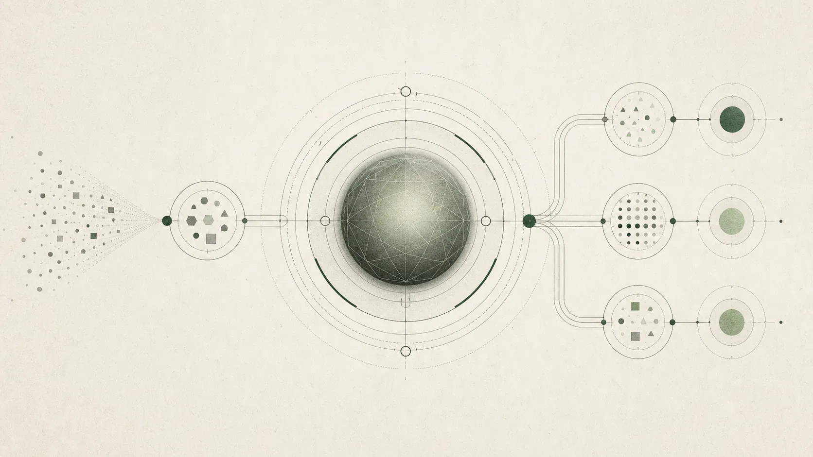 Abstract illustration of a calibrated AI-model evaluation system with verification pathways.