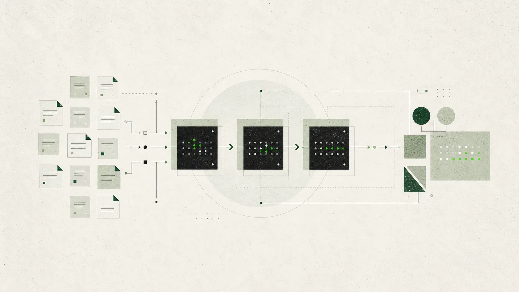 Abstract illustration of compact process units moving through a transformation pipeline.