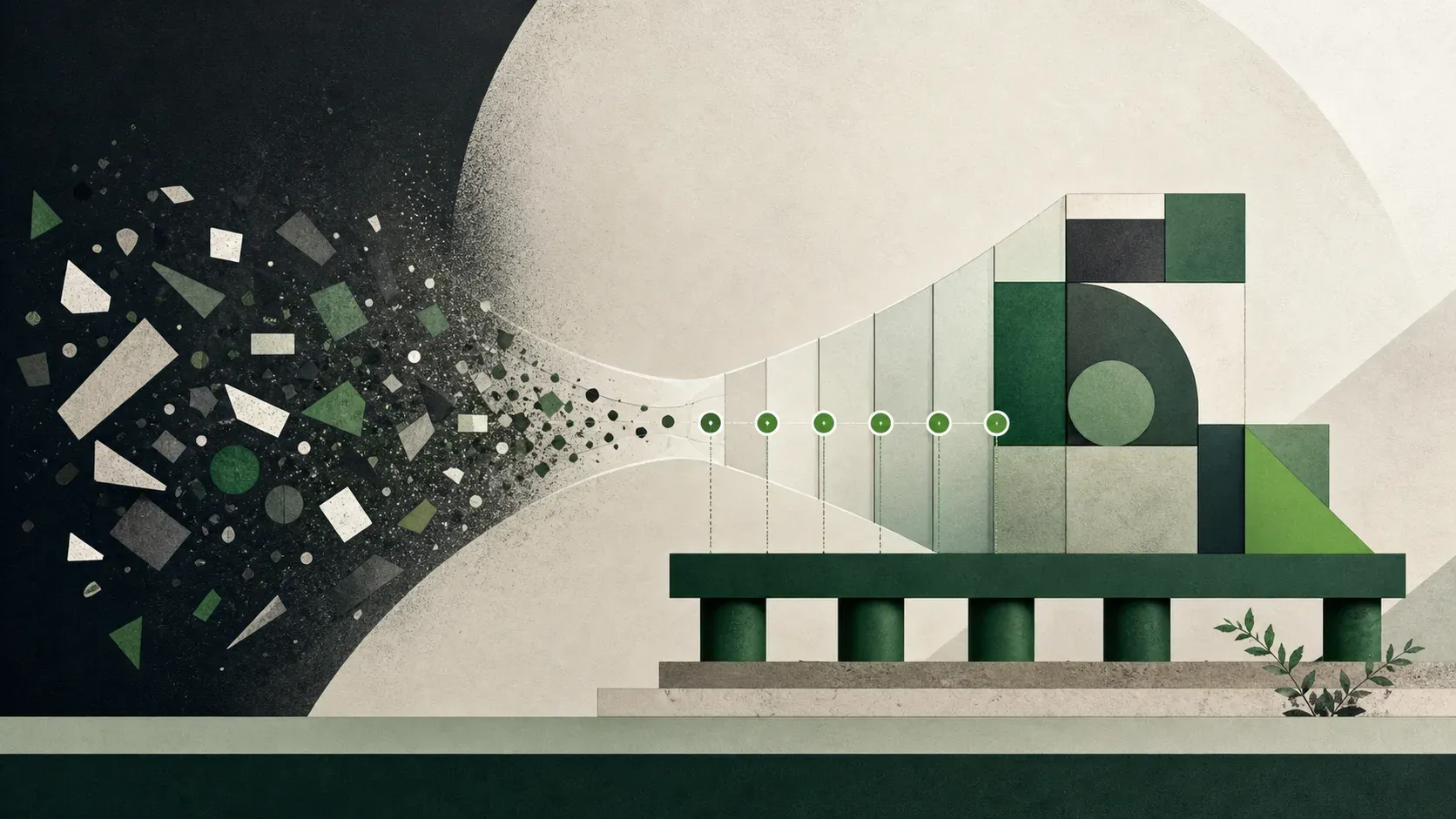 Abstract illustration of scattered ideas becoming a stable production-ready AI workflow.