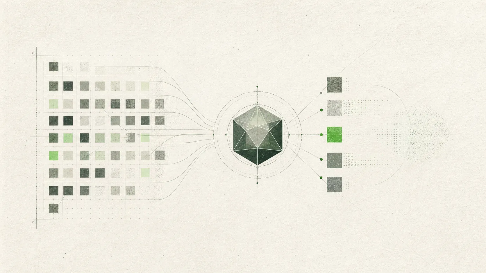 Abstract illustration of a model retrieving organized knowledge fragments from a memory field.