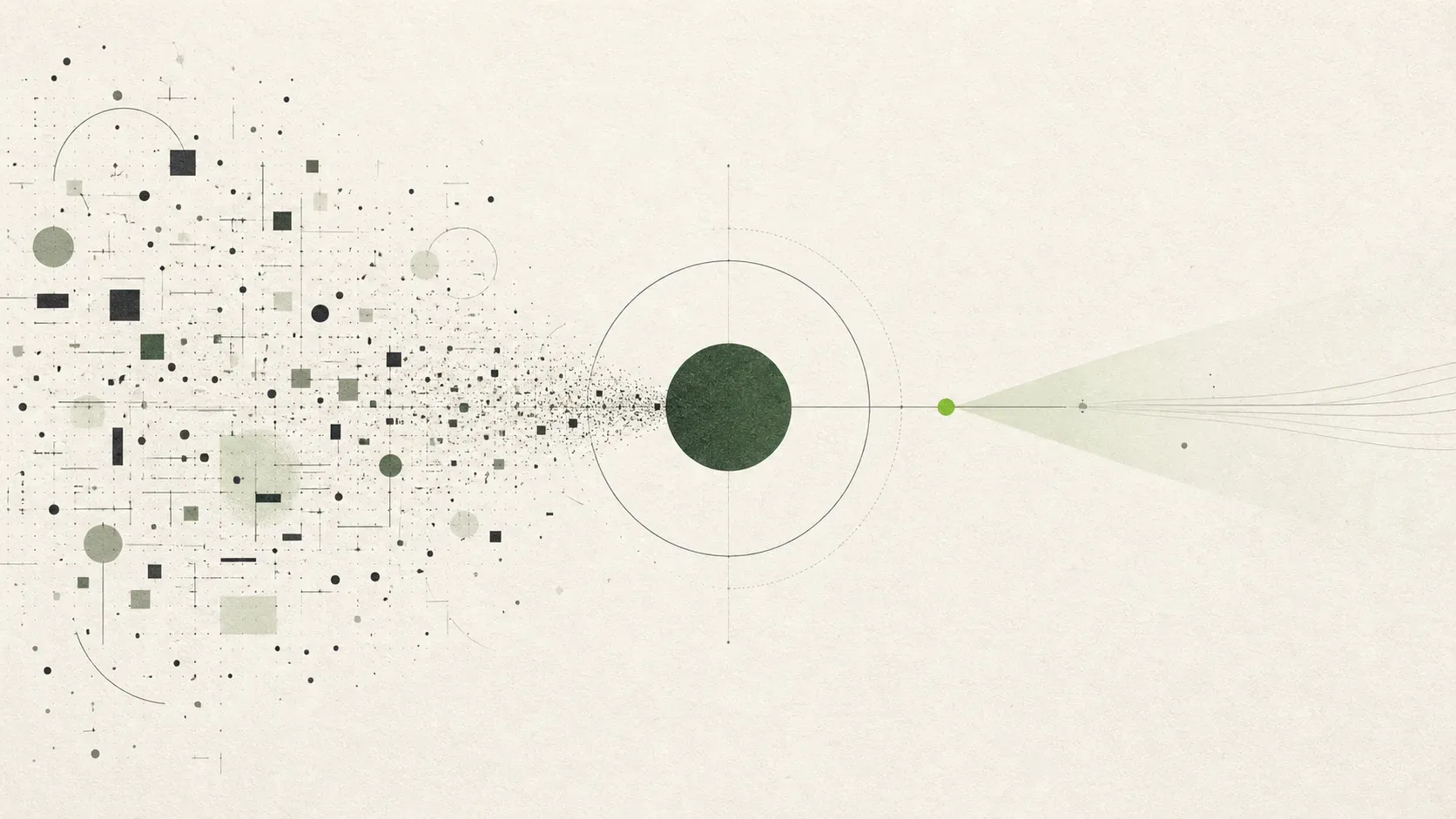 Abstract illustration of many information fragments distilled into one useful core.