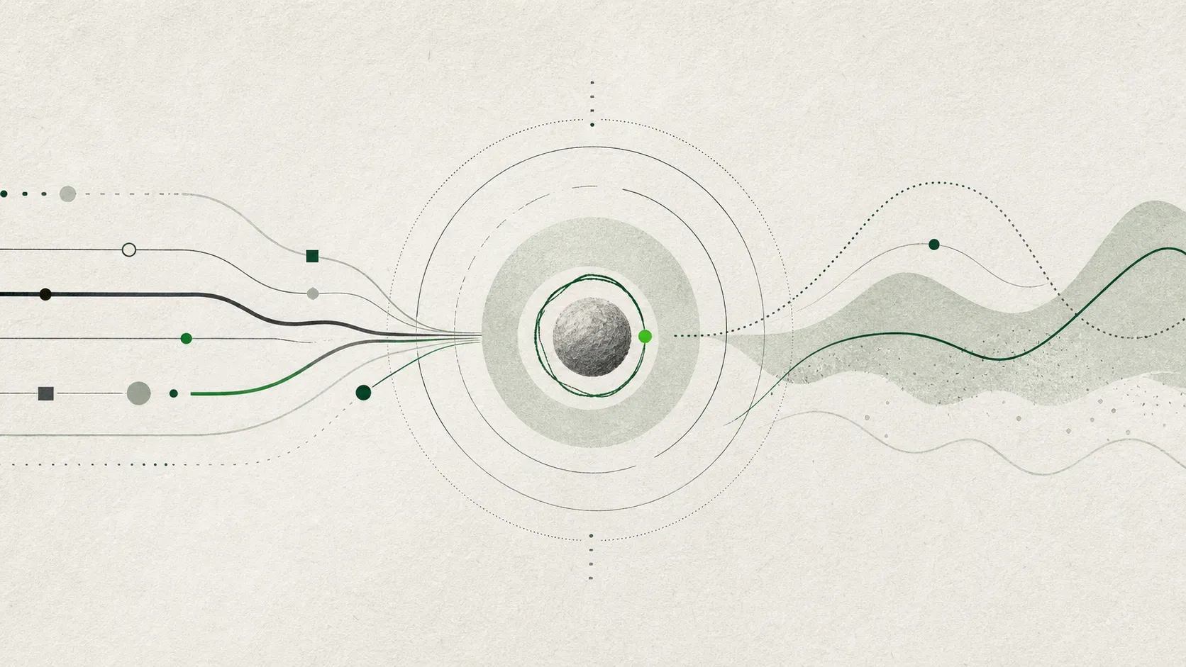 Abstract illustration of balanced language layers converging into a clear tone-of-voice system.