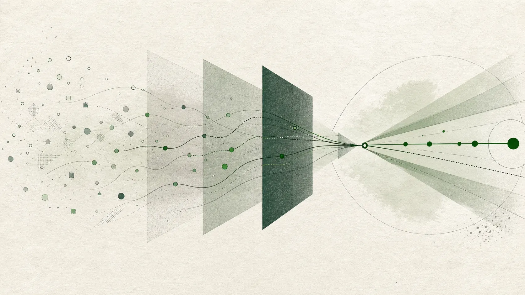 Abstract illustration of weak signals converging through layered time horizons into a forecast.