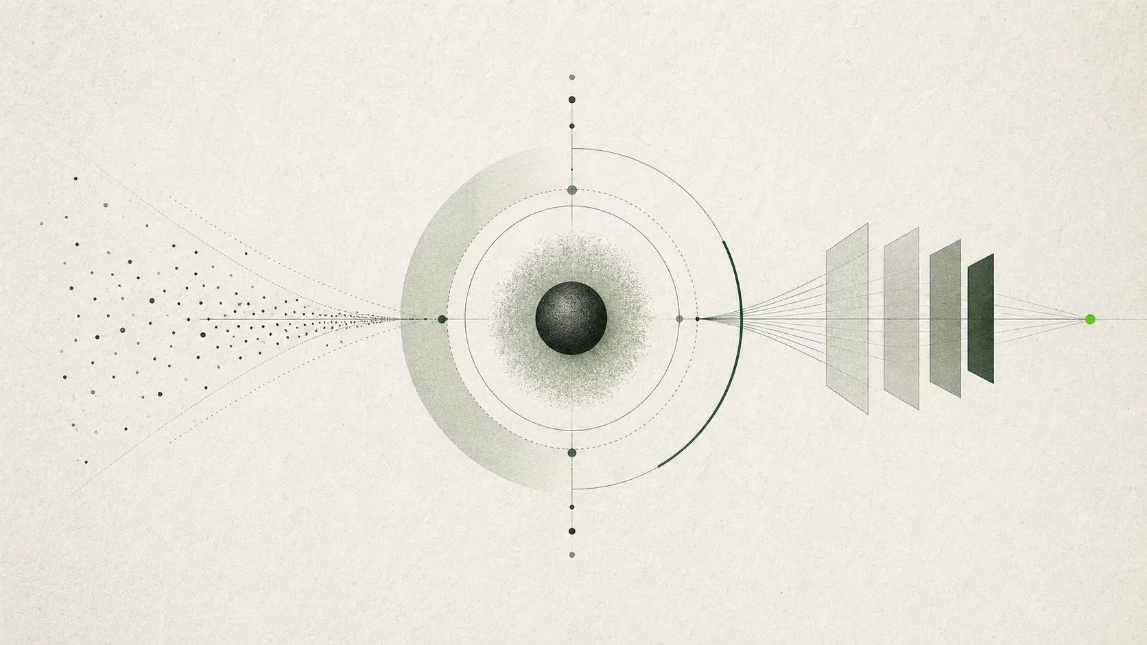 Abstract illustration of one precise prompt passing through a model to a clear outcome.