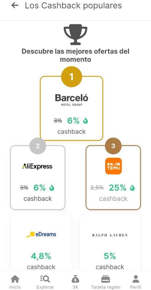 Barceló 6%, AliExpress 6%, Temu 25%, eDreams 4,8%, Ralph Lauren 5%