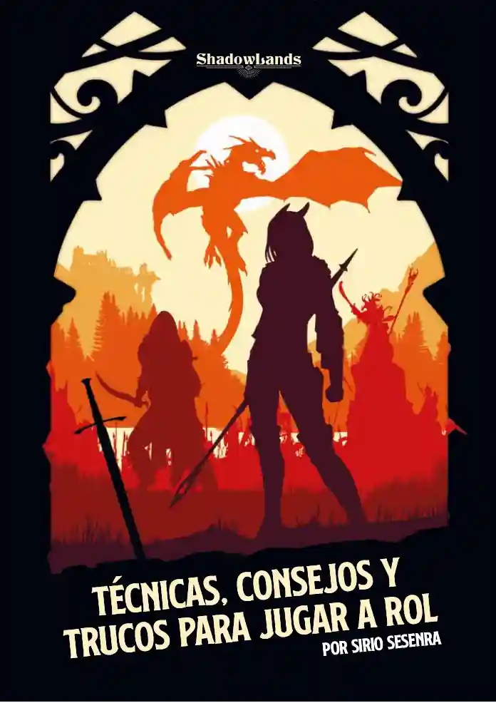 Las siluetas de varios personajes de rol y un dragón, en tonos rojizos-anaranjados.