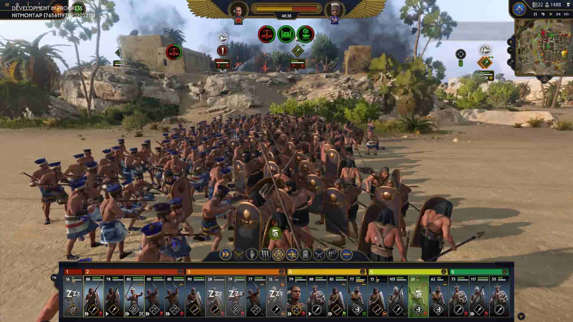 Soldados egipcios con grandes escudos verticales luchando en una batalla