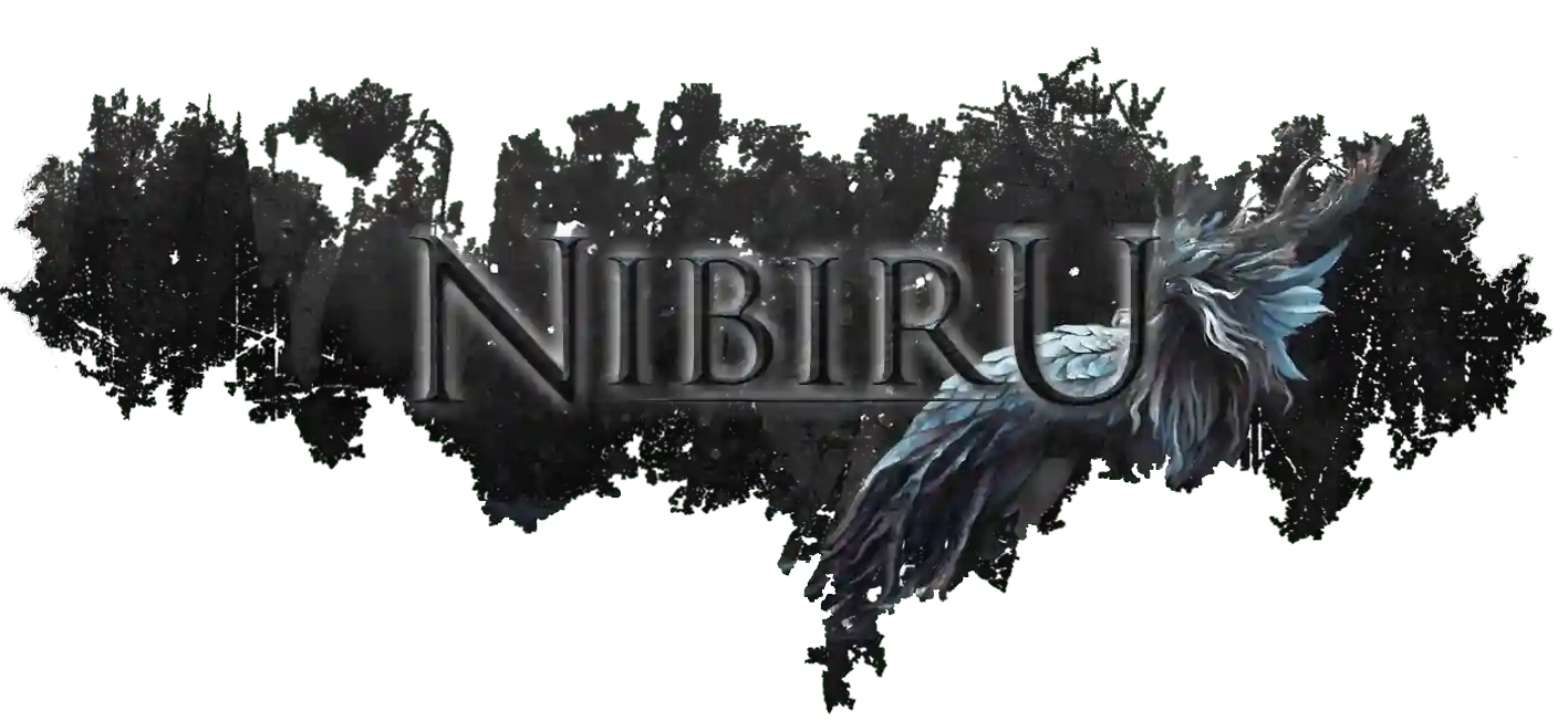 Sobre un trozo de papel con fondo negro el texto Nibiru y de fondo un extraño ser azul con escamas