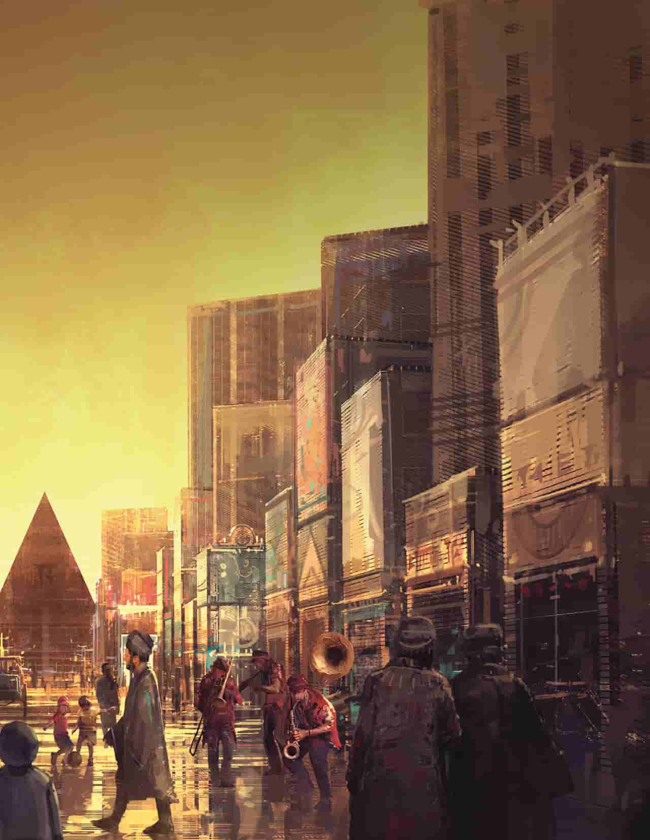 Personas caminando sobre una ciudad con una pirámide al fondo y edificios rectangualres con carteles