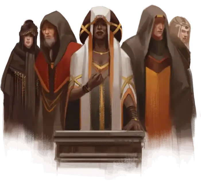 Una mujer sobre un atril con cuatro personas detrás acompañándola, todos llevan túnicas con capucha