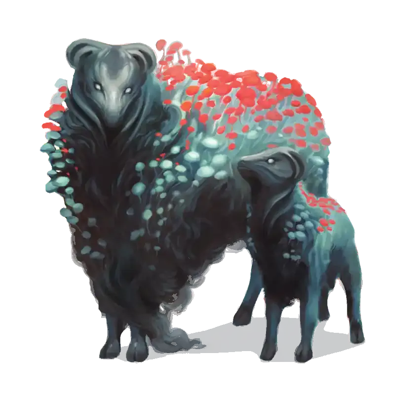 Un animal parecido a un carnero y su cría, con su pelaje cubierto por hongos rojos y azulados