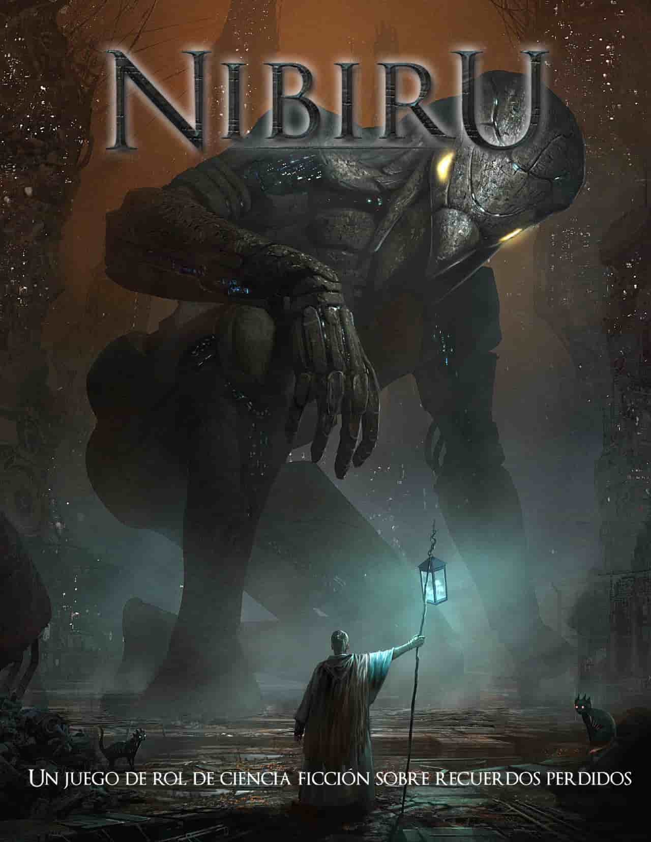 Un hombre con un farol contempla una estatua gigante de un humano con pico apoyado en una rodilla