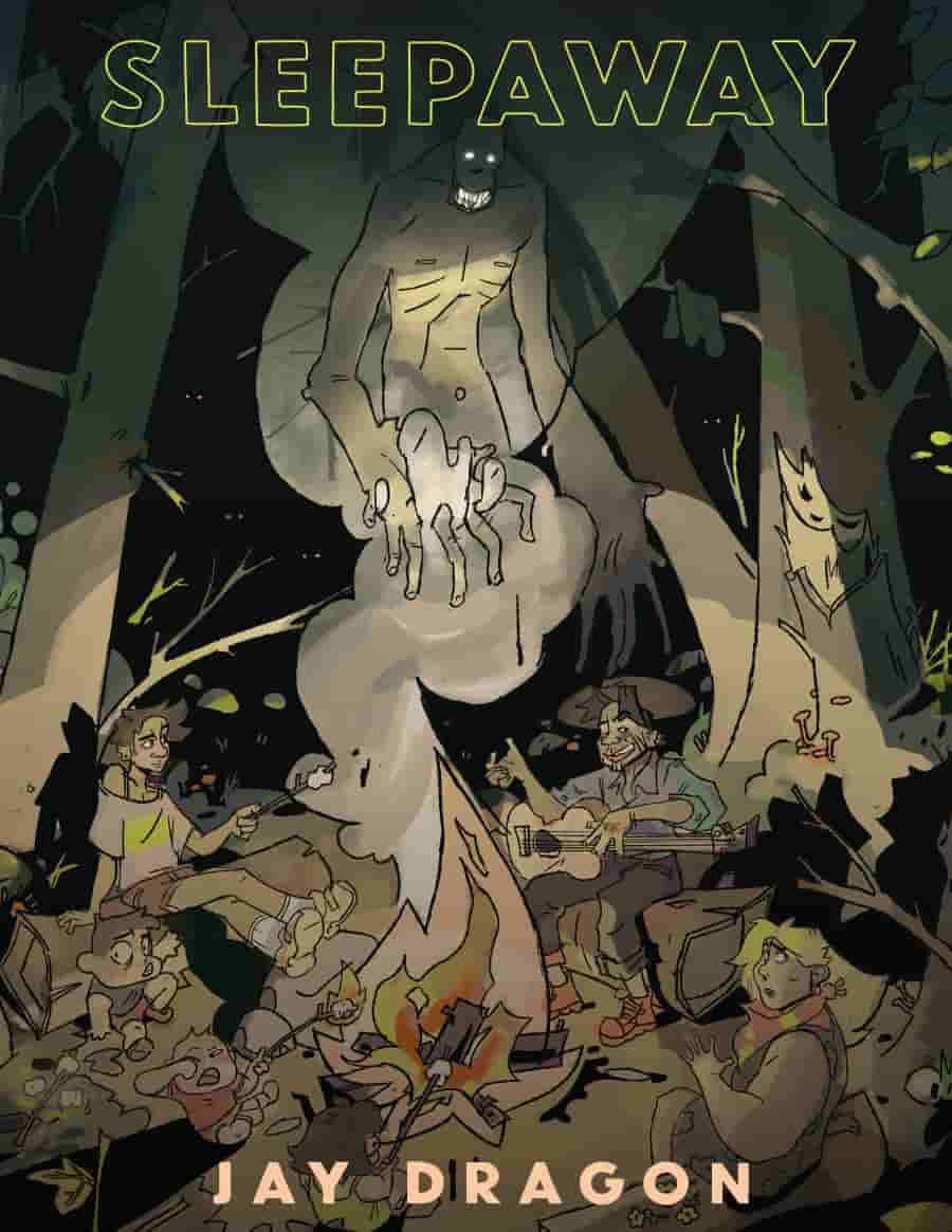 Adolescentes frente al una fogata con el Lindworm surrgiendo de su humo