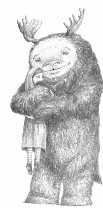 Un gran monstruo peludo con cuernos abraza alzada a una niña