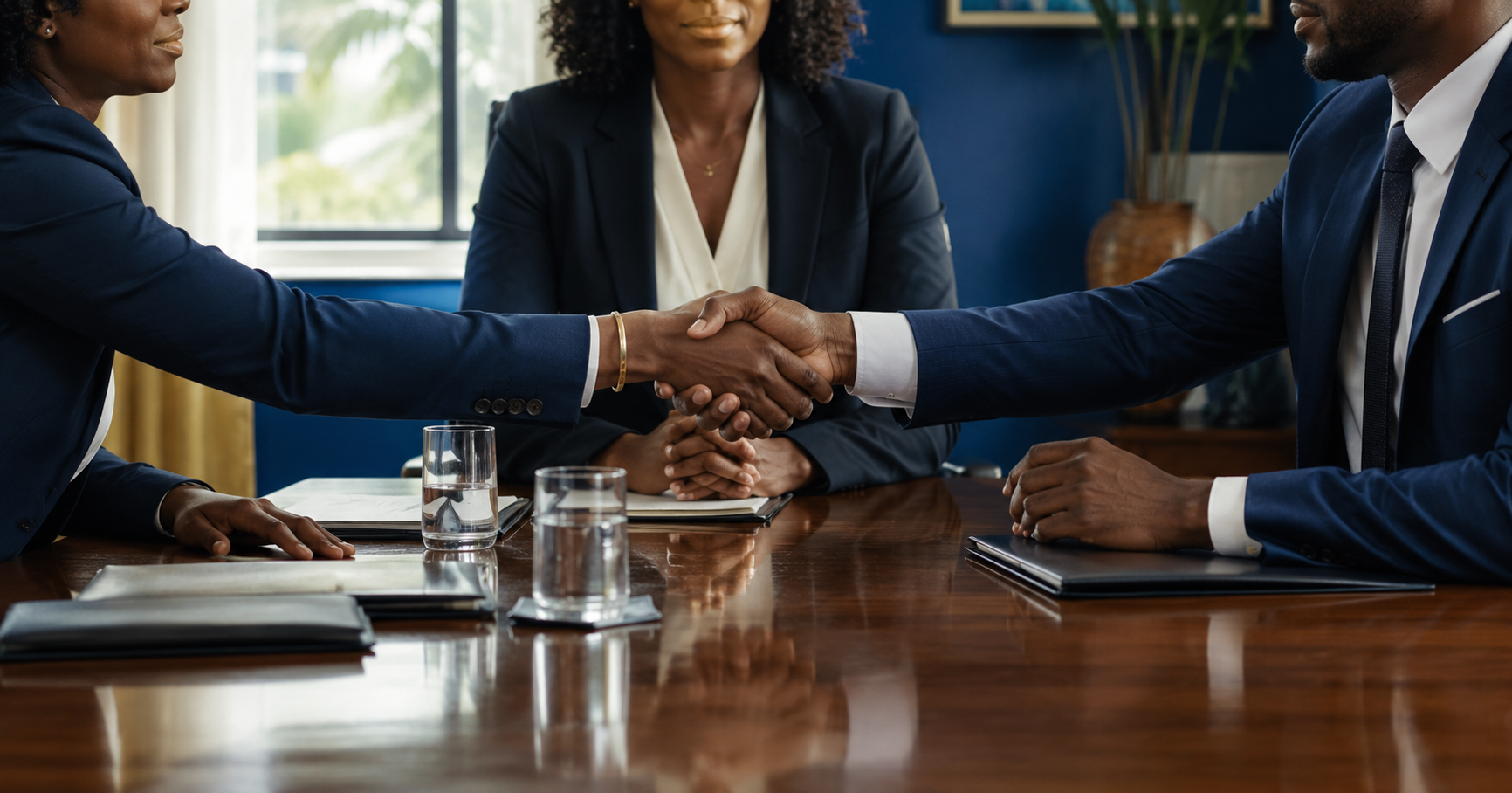 Two parties and a neutral mediator seated at a conference table in Trinidad and Tobago resolving a commercial dispute