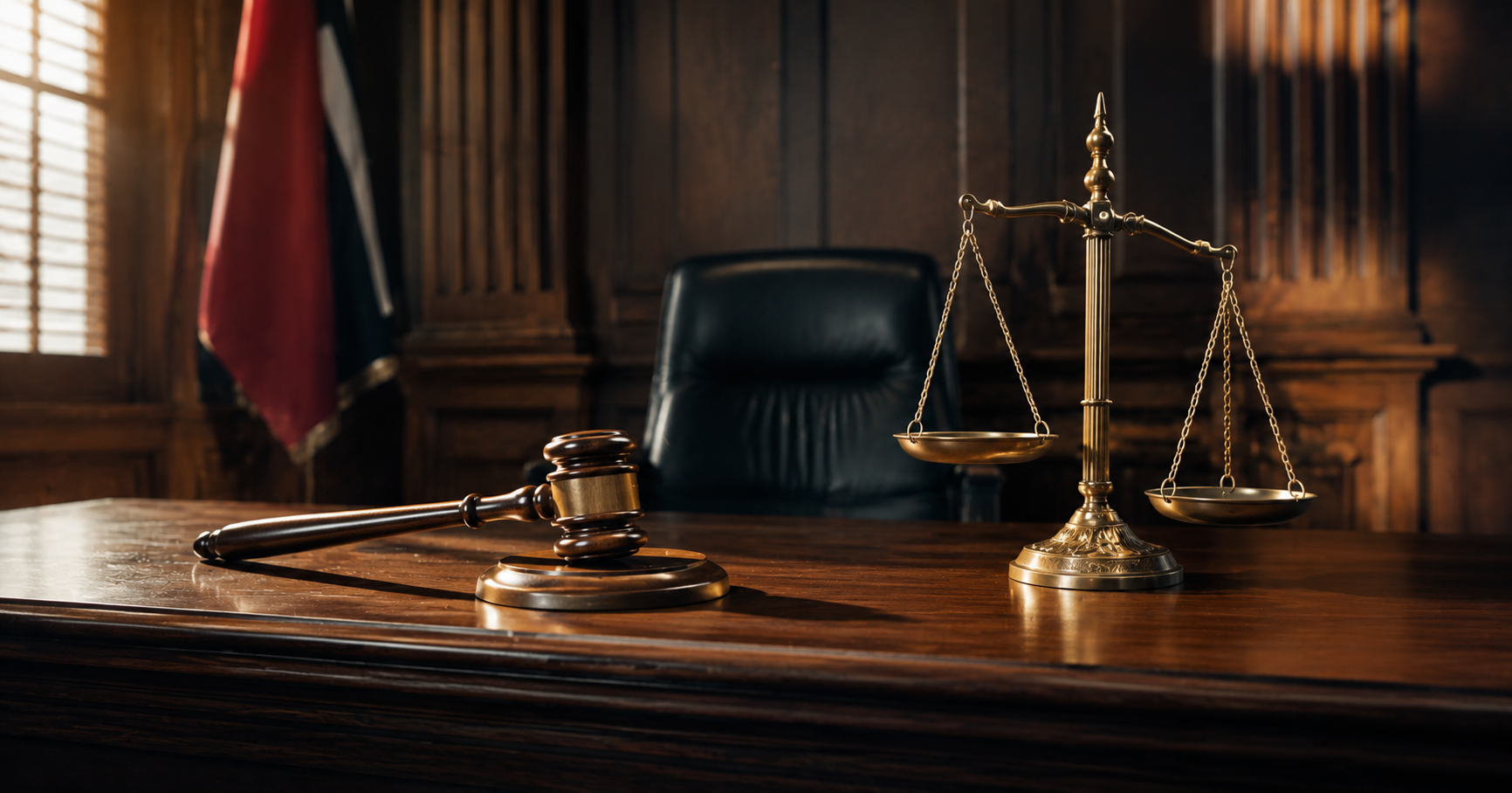 An empty judge's bench in a Trinidad and Tobago courtroom with a gavel and law reports, symbolising judicial impartiality