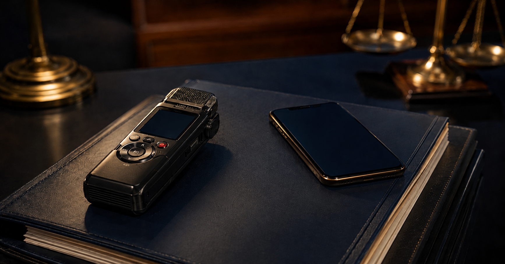 A smartphone recording audio beside a gavel and law books, representing audio and video evidence in Trinidad and Tobago courts
