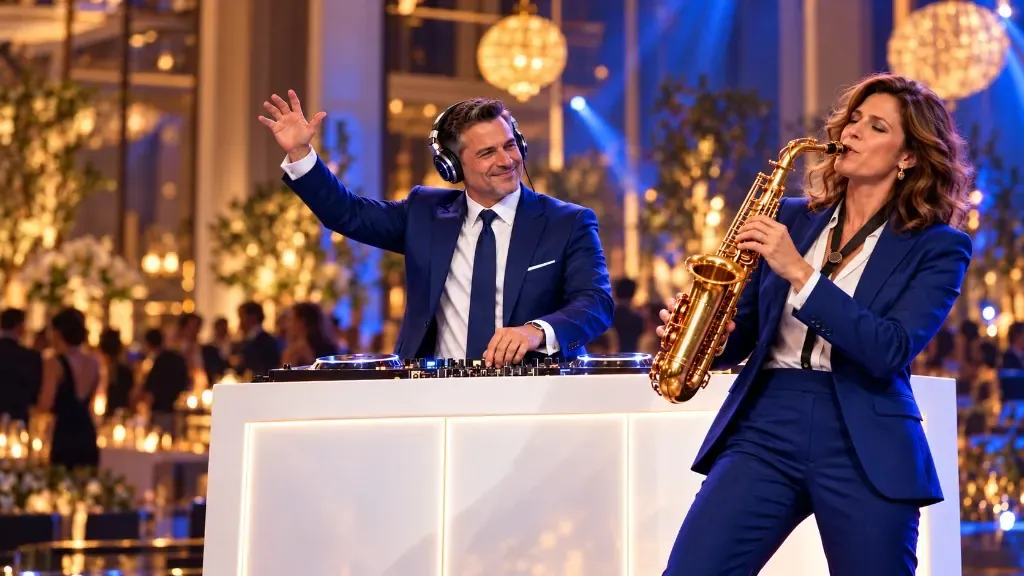 DJ en saxofoniste achter een witte booth op een feest