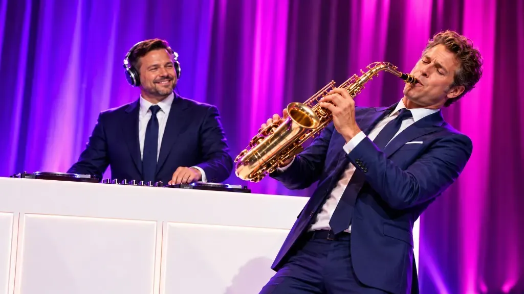 DJ en saxofonist op een paars verlicht podium