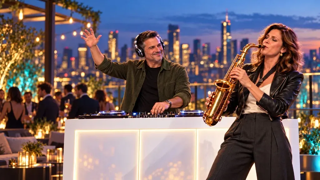 DJ en saxofoniste op een dakterras