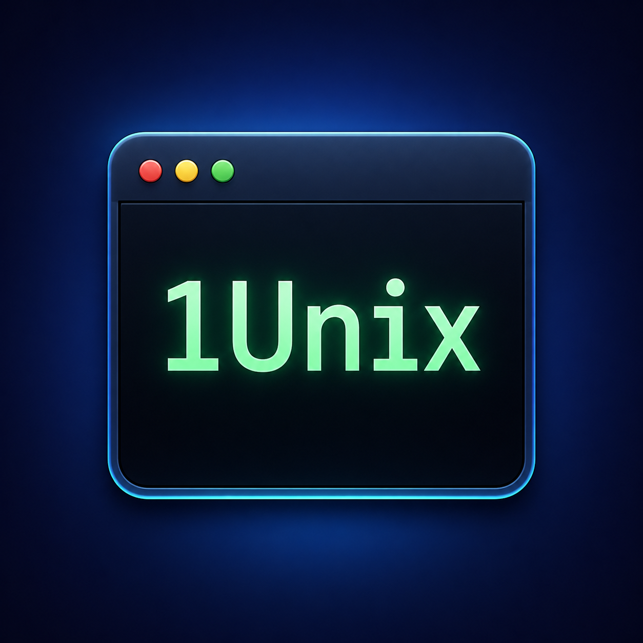 The 1Unix app icon: a terminal window with three traffic-light buttons and the name in glowing green monospace on deep blue.