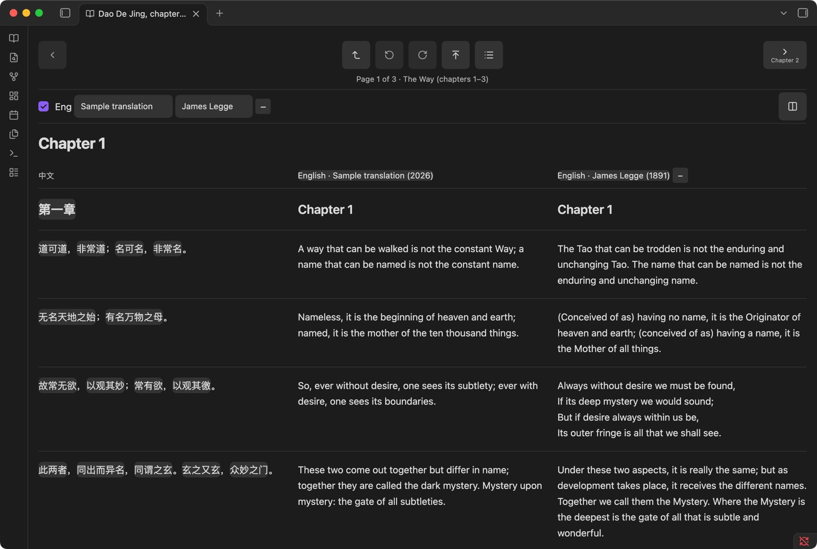 Dao De Jing chapter 1: the Chinese text, a modern English translation, and James Legge's 1891 translation in three columns.