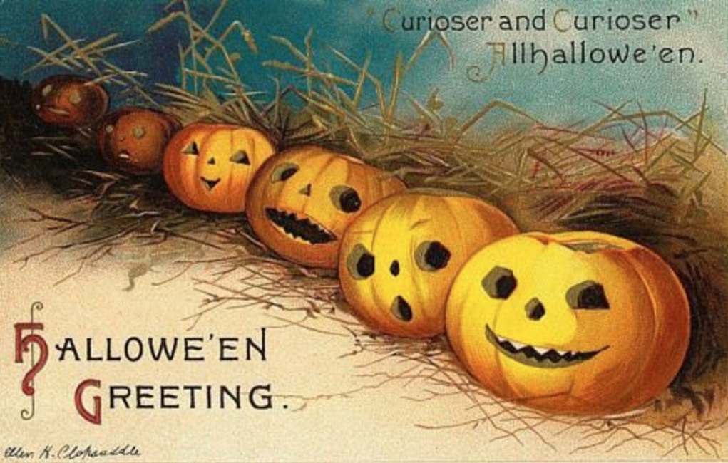 A row of old-timey jack o lanterns with text saying "Curiouser and curiouser Allhallowe'en" above them and "Hallowe'en Greeting" below