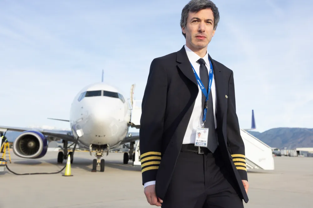 Promotional image for The Rehearsal: Nathan Fielder stands in front of an airplane in a pilot's uniform