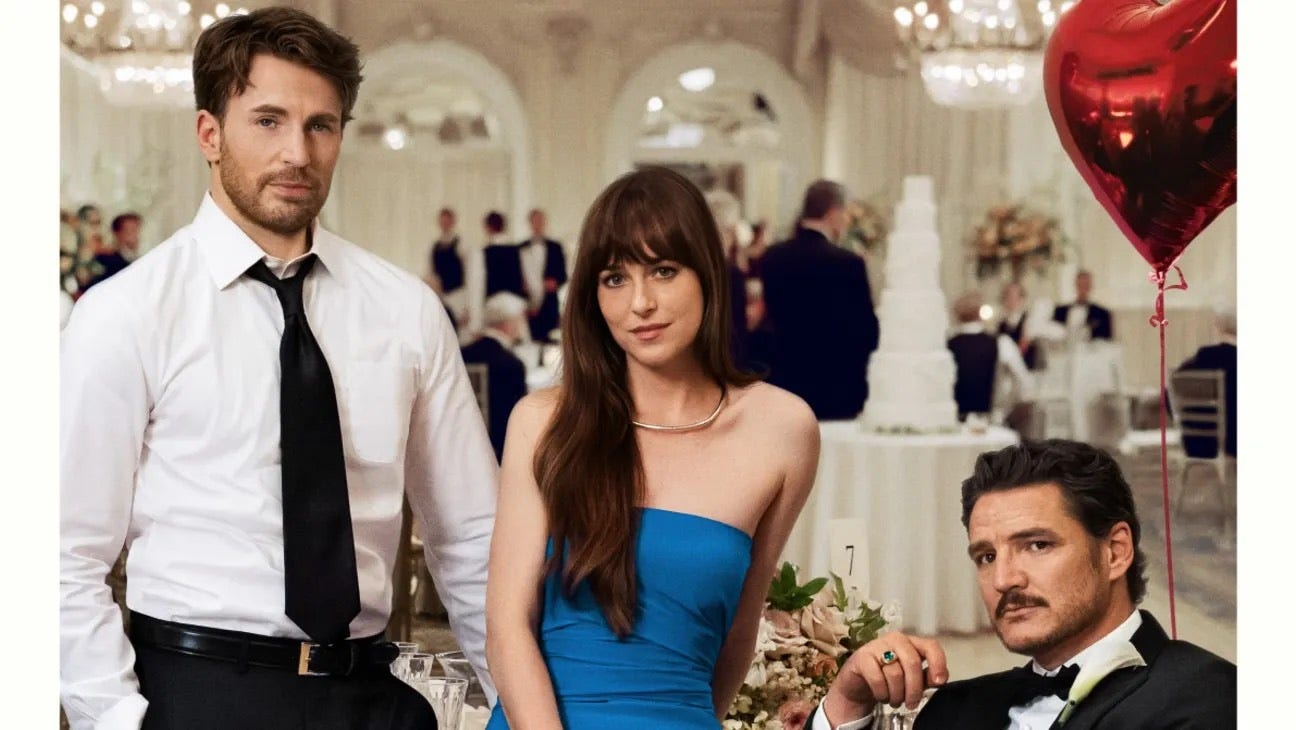 Poster for Materialists: John (Chris Evans), Lucy (Dakota Johnson) and Harry (Pedro Pascal) stand in a row at a wedding