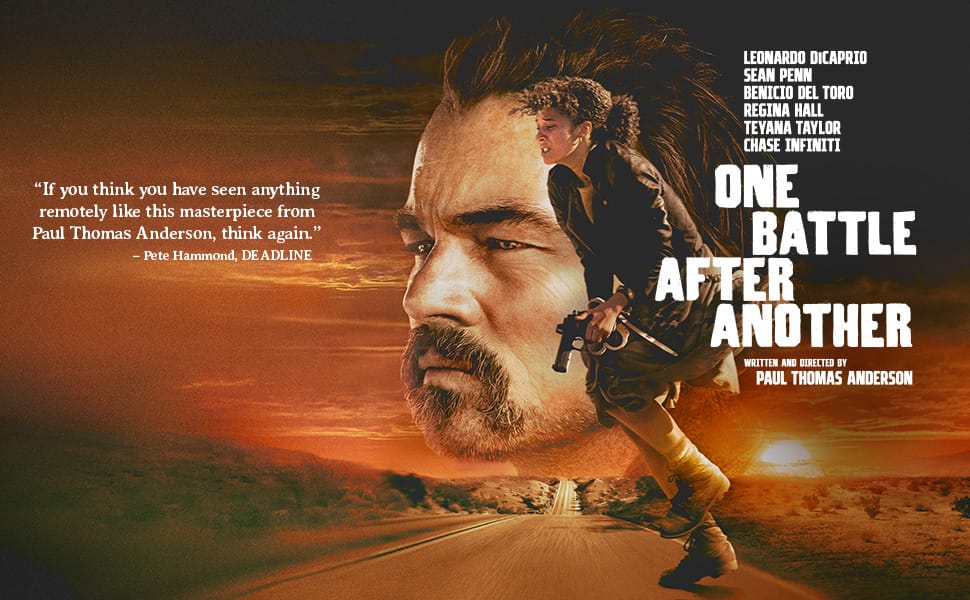 Poster for the film One Battle After Another, featuring Willa (Chase Infiniti) running across a road with an image of Bob (Leonardo DiCaprio) in the background.