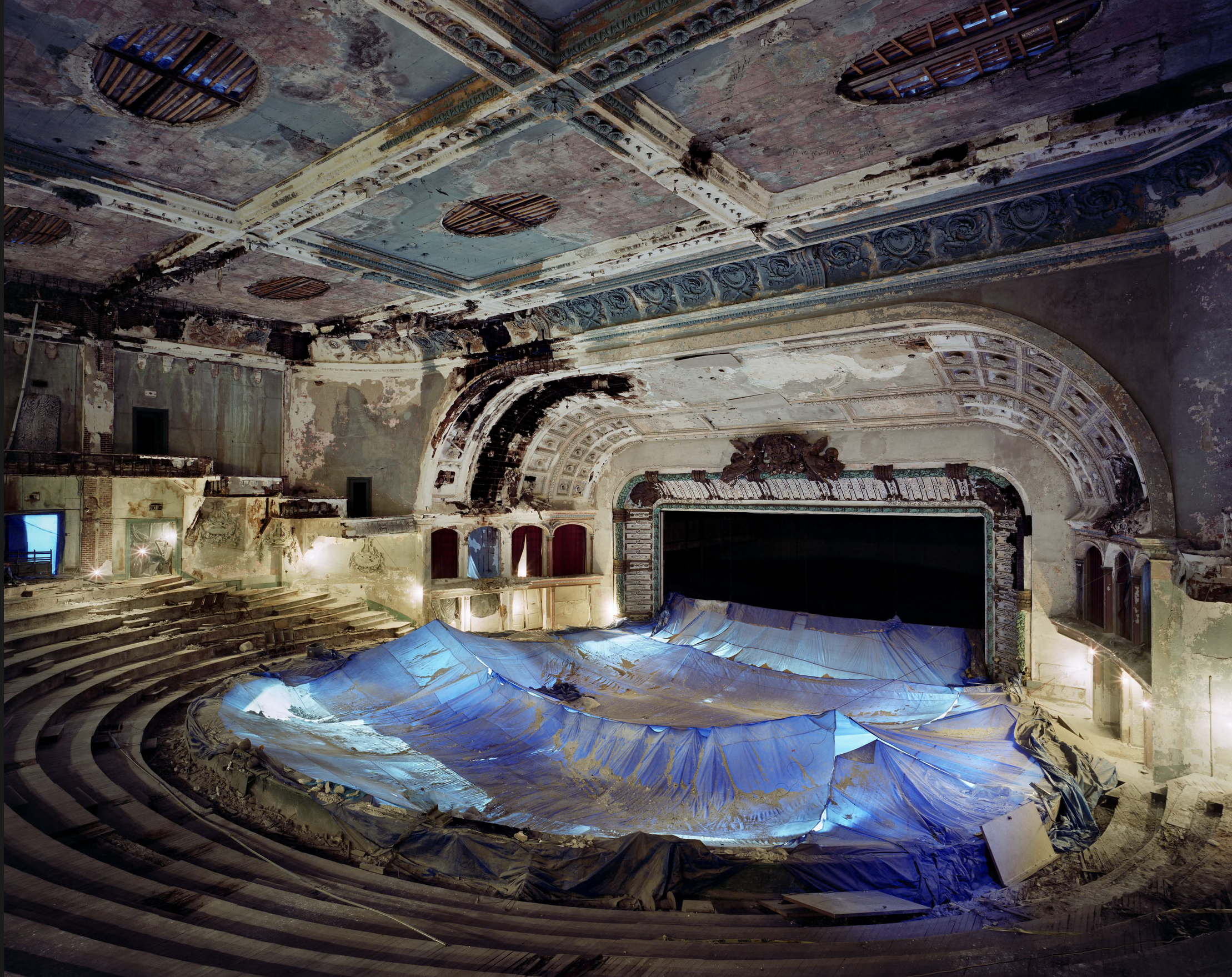 Photograph of the Metropolitan Opera House in Philadelphia, it's abandoned and falling apart