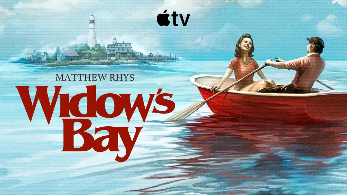 Poster for the TV show Widow's Bay: A vintage illustration of two people in a rowboat in front of a small island with a lighthouse and buildings.
