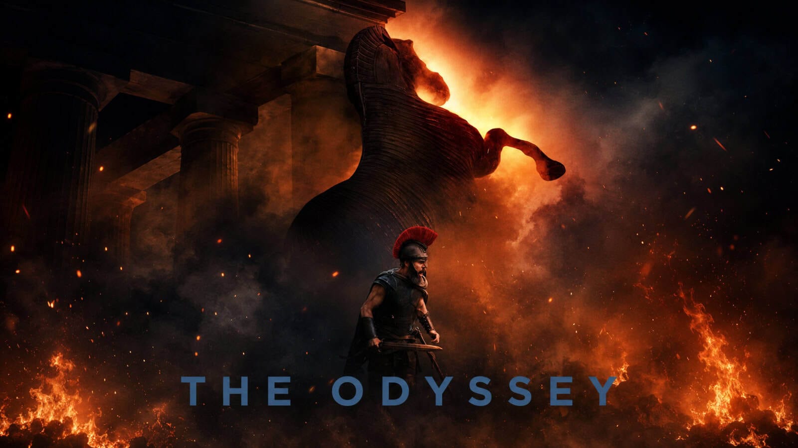 Poster for The Odyssey (2026): Matt Damon as Odysseus in aromor in the foreground, with a burning Trojan horse and columns burning behind him.