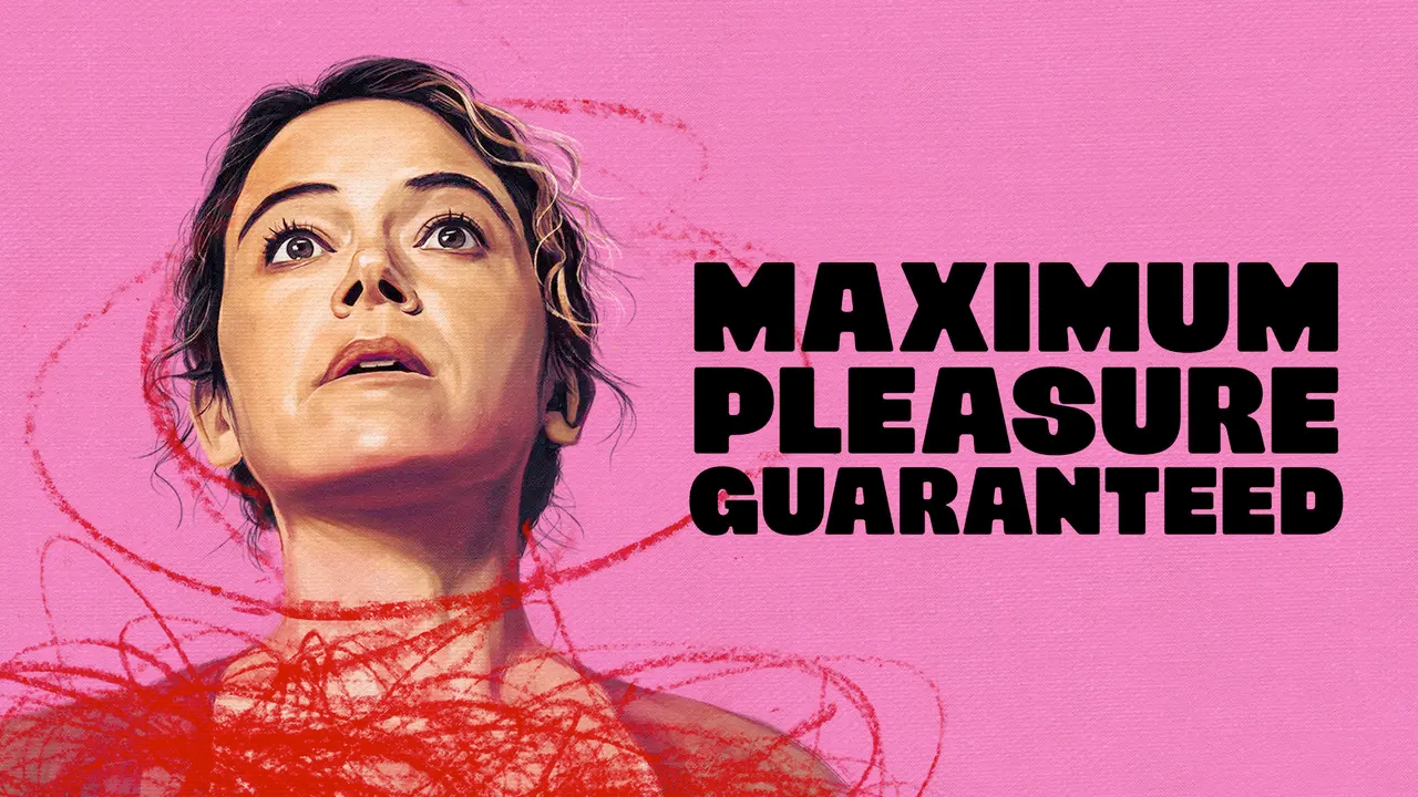 Poster for the TV show Maximum Pleasure Guaranteed: a bright pink background with an illustration of actress Tatiana Maslany with red scribbles around her face and shoulders.