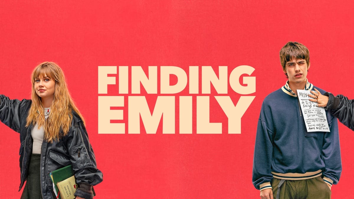 Poster for the 2026 film Finding Emily: Emily (Angourie Rice) is to the left holding a binder and Owen (Spike Fearn) is to the right with a poster held up against his chest