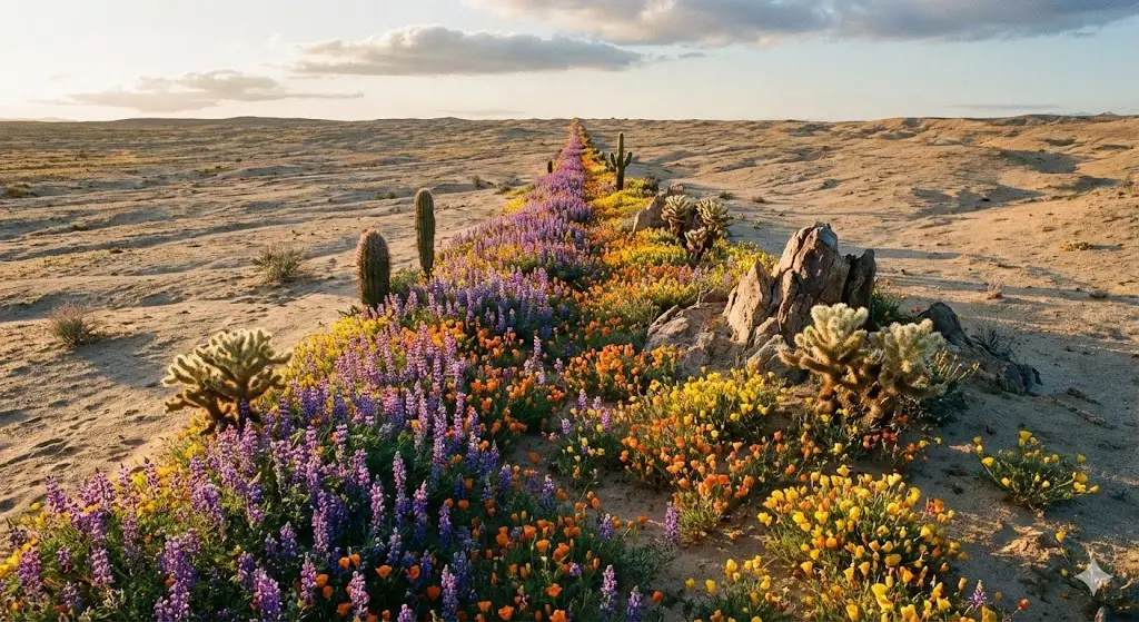 woestijn met smalle strook met bloemen: metafoor voor gevonden worden online door AI